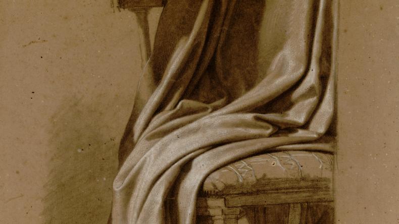 François-Xavier FABRE (1766-1837), Étude d’une chaise à l’antique recouverte d’une draperie. Pierre noire et estompe, rehauts de craie blanche sur papier brun, 43,8 x 35,4cm, 1796